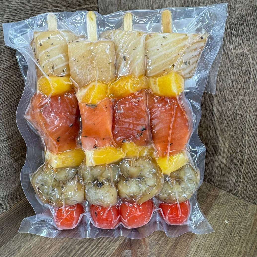Шашлычки из палтуса, форели и креветки